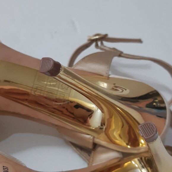 Like New BCBGMaxAzria Jewelled Creamy Satin Gold Heels - Picture 7 of 16